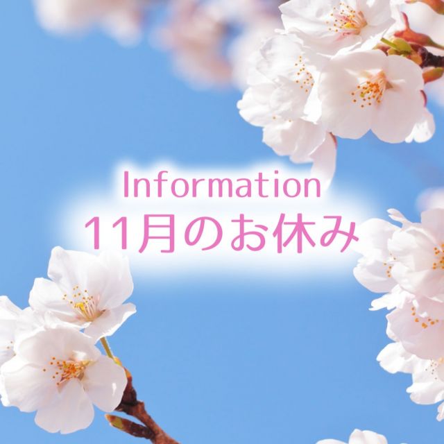 みなさんこんにちは。
少しずつ涼しくなり
快適な日が増えてきましたね。

さて、
2025年11月のお休みのお知らせです。

11月は、10日、16日、17日が
お休みとなります。
※18日は15時からの
営業となります。

よろしくお願いいたします。